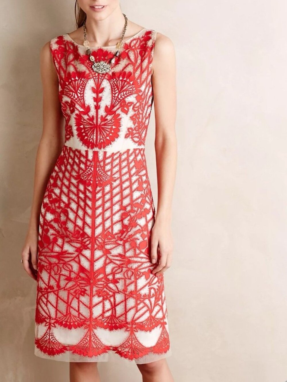 Anthropologie Geisha Designs Sugared Ruby Sheath Red & White Dress, Size 10 - Picture 2 of 16